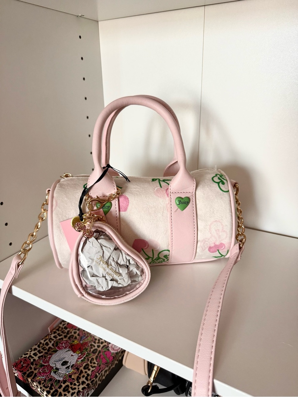 Juicy Couture “Retro Juicy Cherry” Barrel Crossbody with Gold Hardware